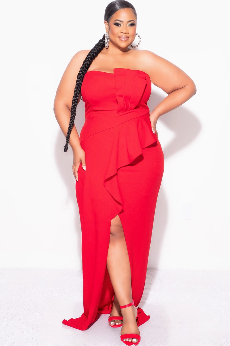 Final Sale Plus Size Strapless Pleated Ruffle Gown with Front Slit in Red Lightweight Weave