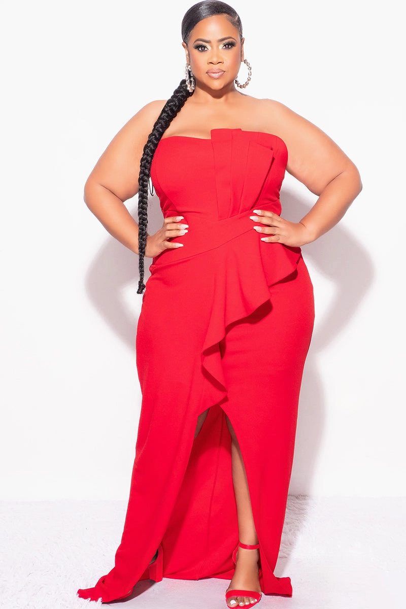Final Sale Plus Size Strapless Pleated Ruffle Gown with Front Slit in Red CollapsibleFrame