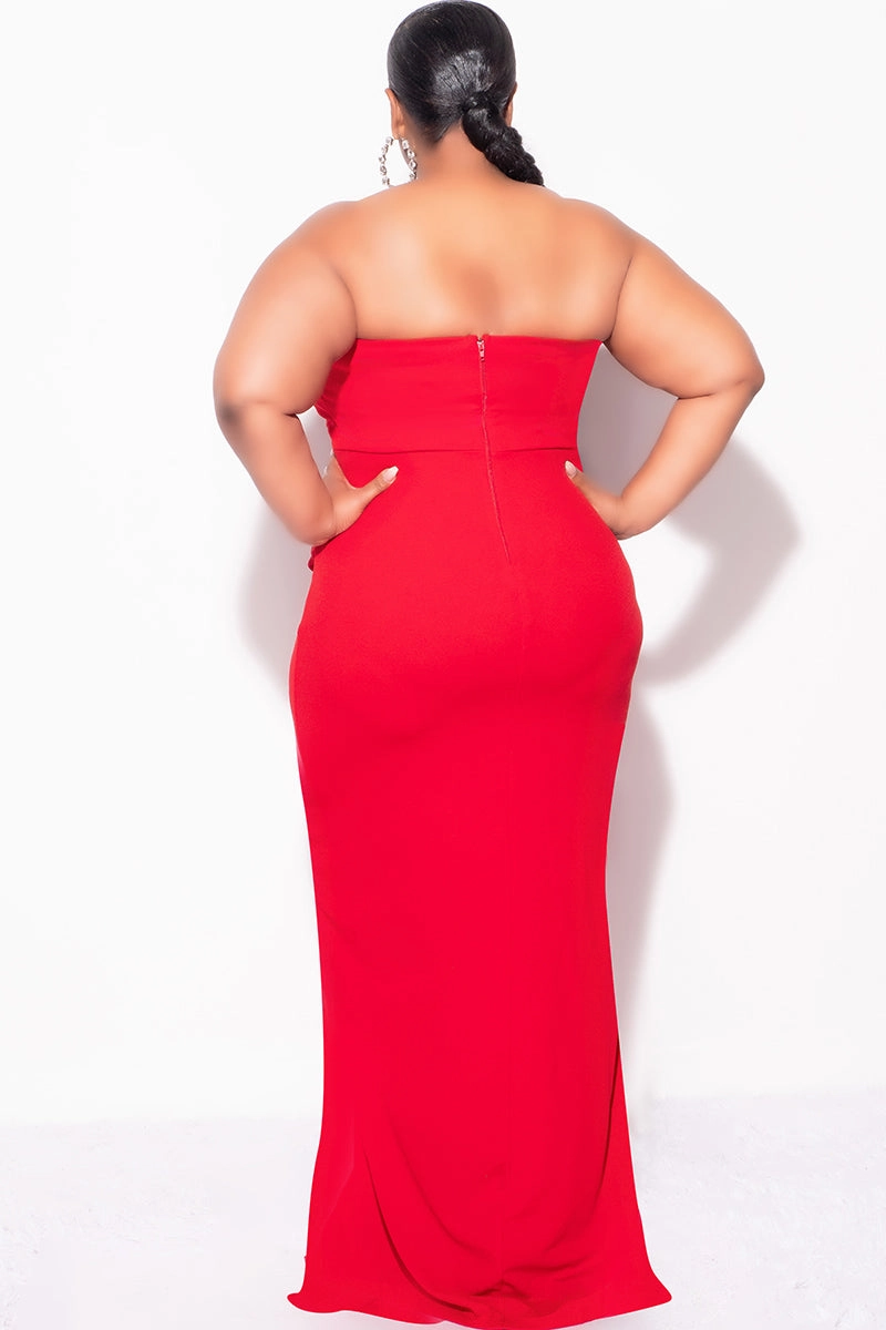 Final Sale Plus Size Strapless Pleated Ruffle Gown with Front Slit in Red Simple Dress Slim Fit Shirt