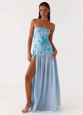 Eden Strapless Beaded Maxi Dress - Blue Subtle Glam Flattering bodycon dress