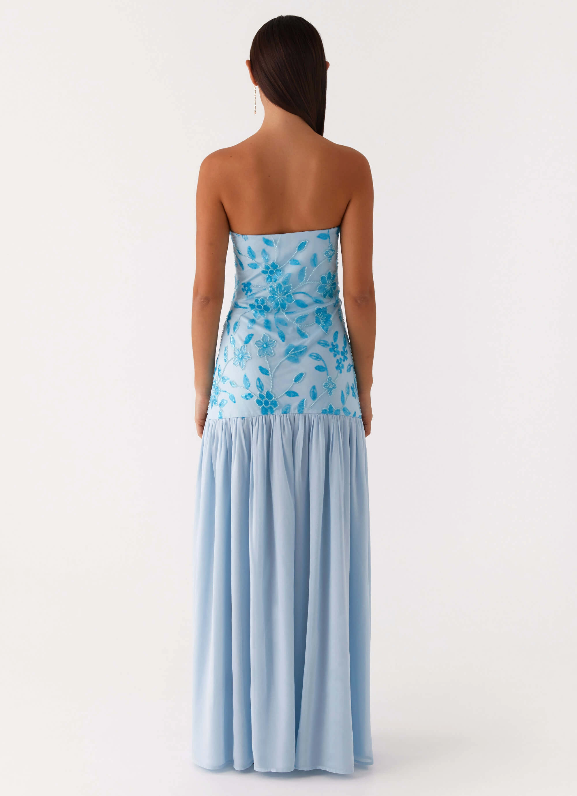 Ruffle Hem Eden Strapless Beaded Maxi Dress - Blue
