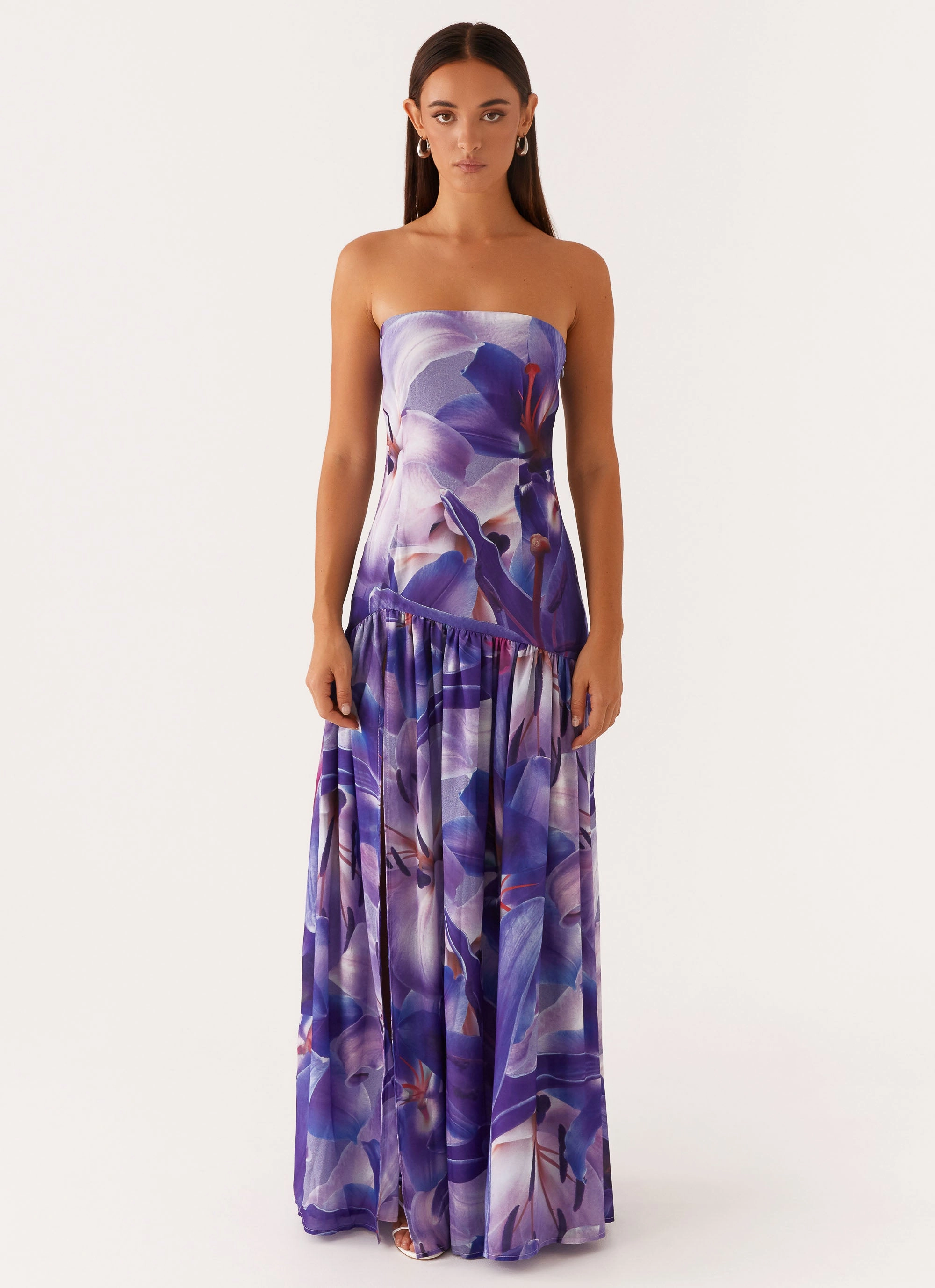 Eden Strapless Maxi Dress - Purple White Lilly Sheer Layer All Inclusive