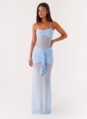 Lily Halter Maxi Dress - Blue Front-Slit