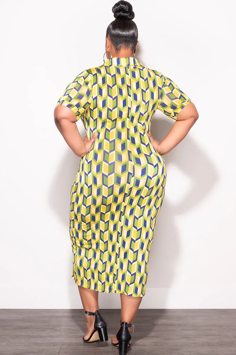 High Rise Design Final Sale Plus Size Collar Button Up BodyCon Dress in Blue, Green & Yellow