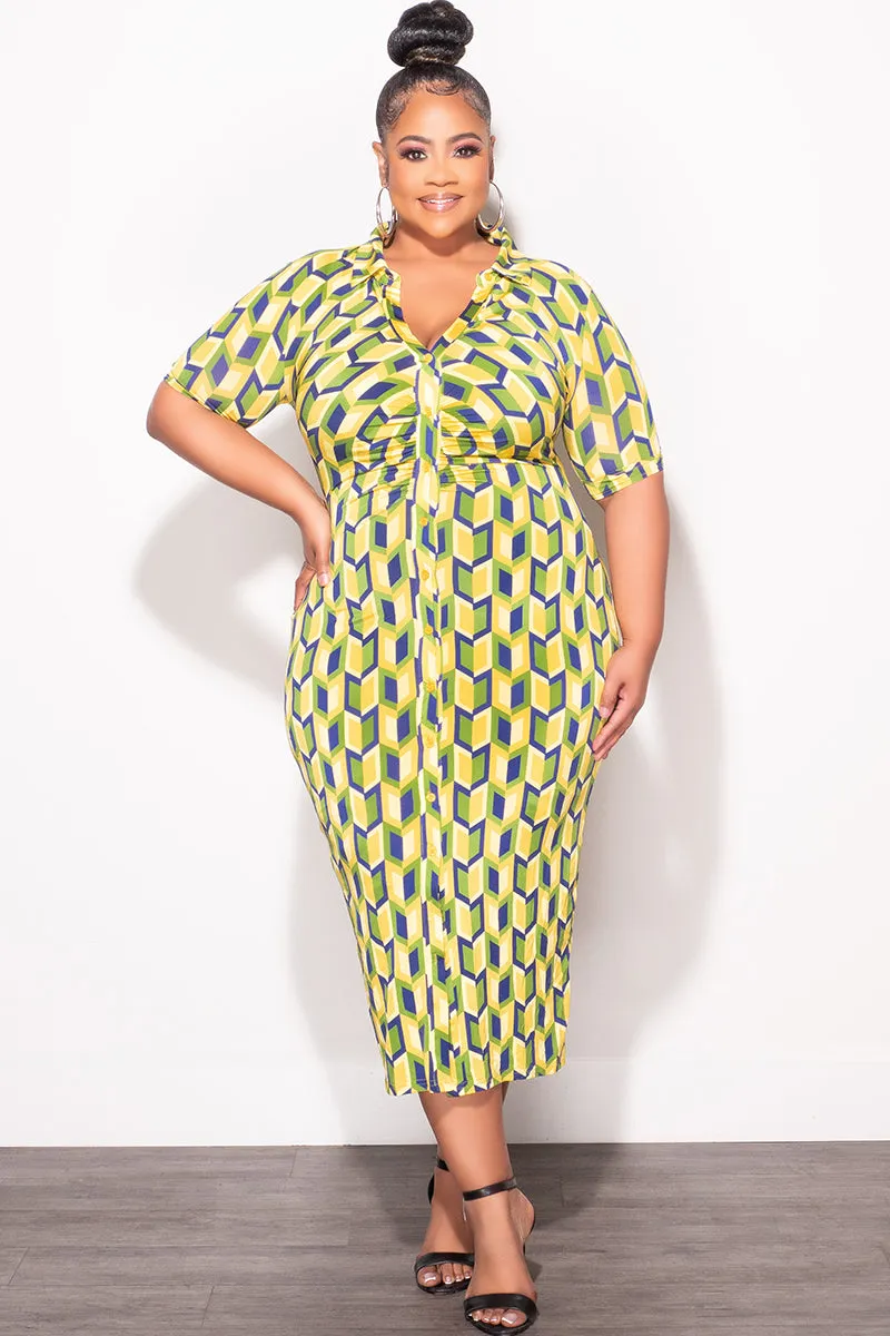 PermeableCloth Final Sale Plus Size Collar Button Up BodyCon Dress in Blue, Green & Yellow
