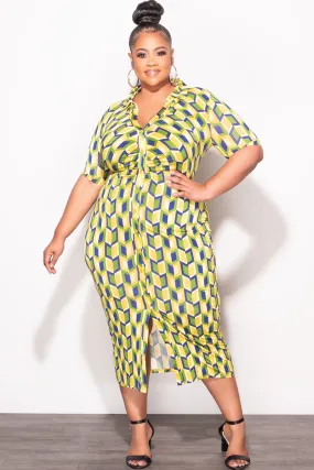 Final Sale Plus Size Collar Button Up BodyCon Dress in Blue, Green & Yellow Daily Motion Stay Comfortable
