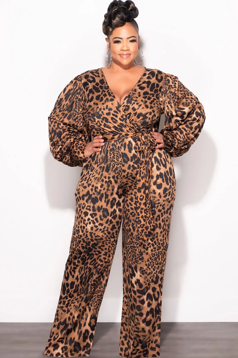 Comfortable fit Functional Waist Final Sale Plus Size Faux Wrap Jumpsuit with Tie in Animal Print