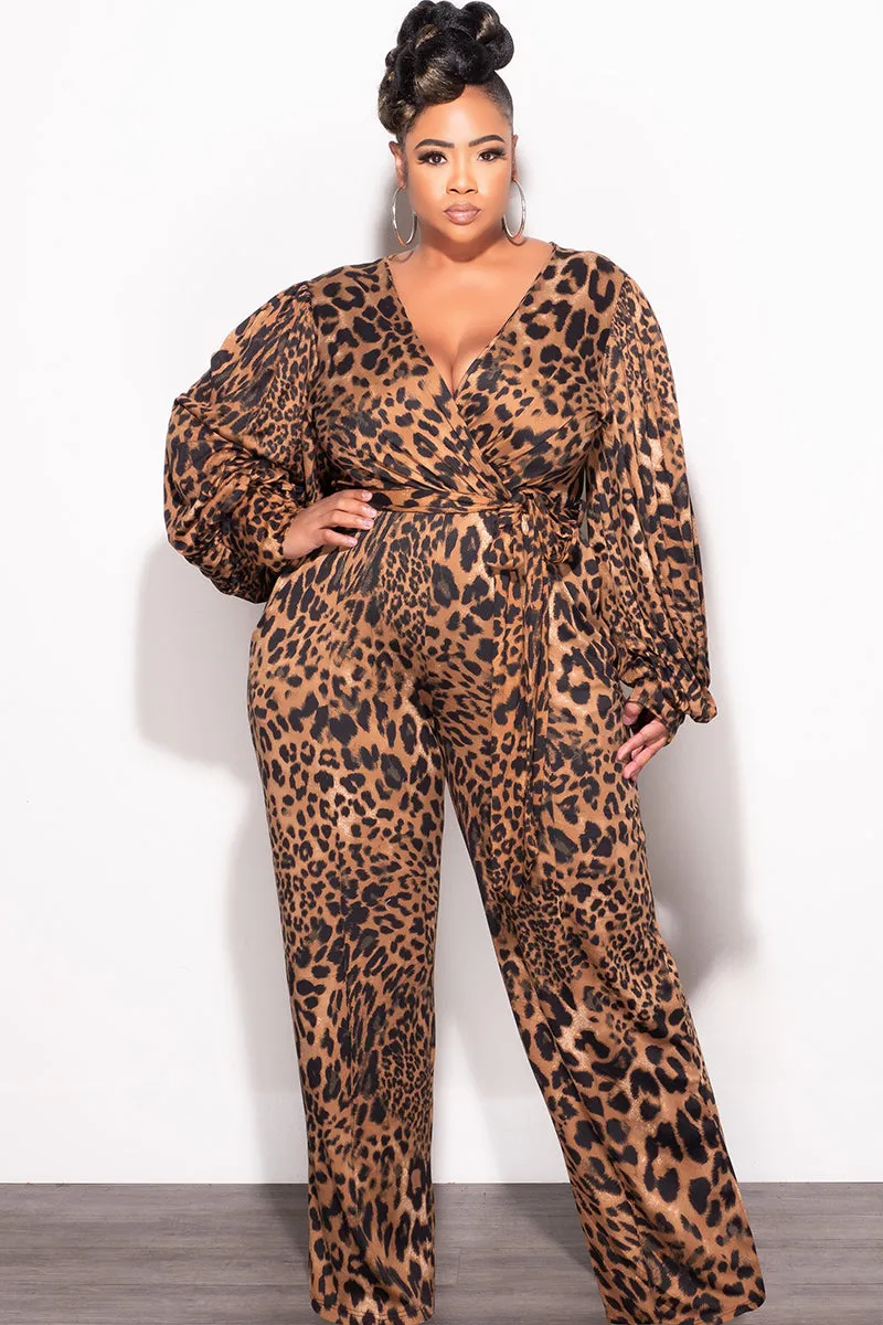 Final Sale Plus Size Faux Wrap Jumpsuit with Tie in Animal Print Daywear Lightweight Fit