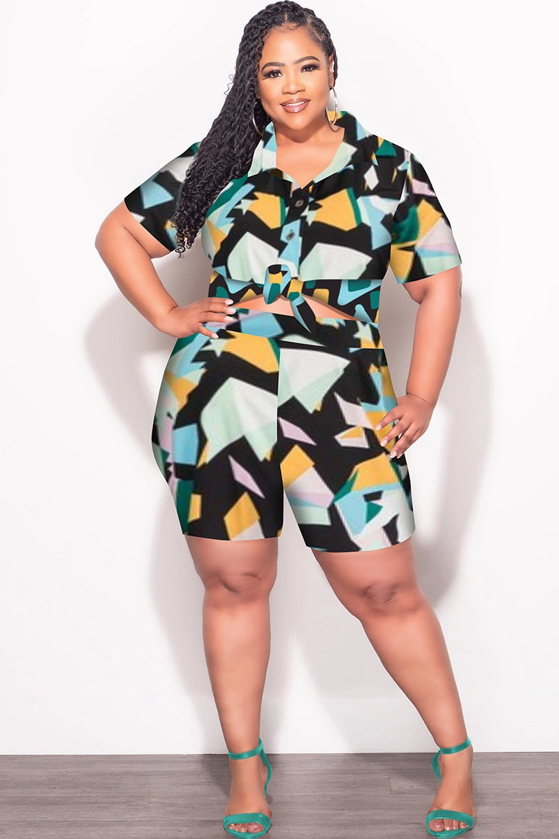 Final Sale Plus Size 2pc Collar Button Up Top and Shorts Set in Mint Multi Color Print Modern Cut