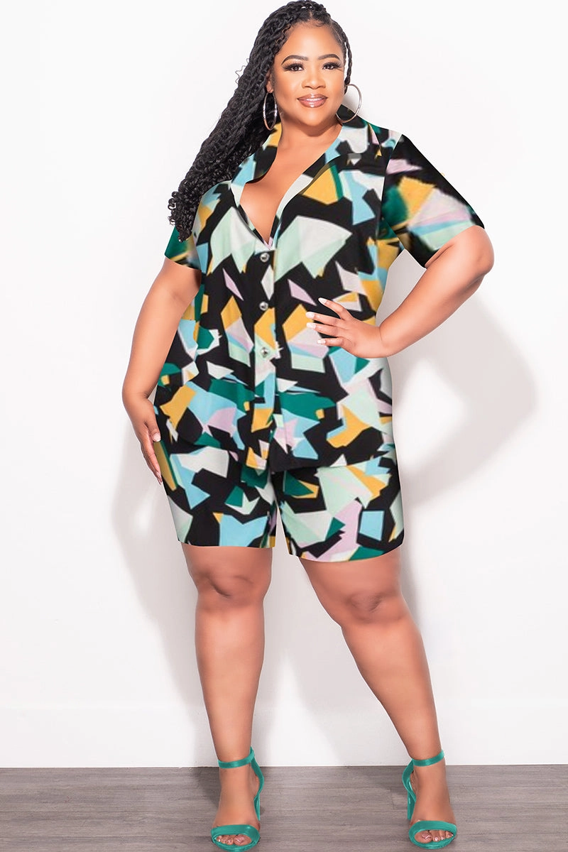 Final Sale Plus Size 2pc Collar Button Up Top and Shorts Set in Mint Multi Color Print Flared bottom