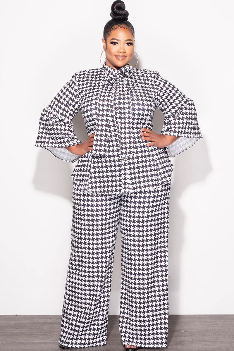 Final Sale Plus Size 2pc Button Up Neck Bow Tie Bell Sleeve Top and Flare Pants Set In Black and White Design Print Performance Design Fit SmoothZipper