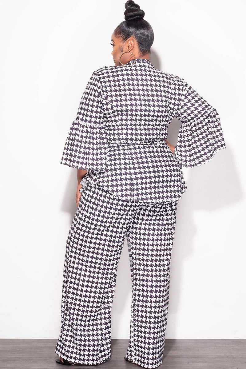 MachineWashableFabric All Day Use Final Sale Plus Size 2pc Button Up Neck Bow Tie Bell Sleeve Top and Flare Pants Set In Black and White Design Print