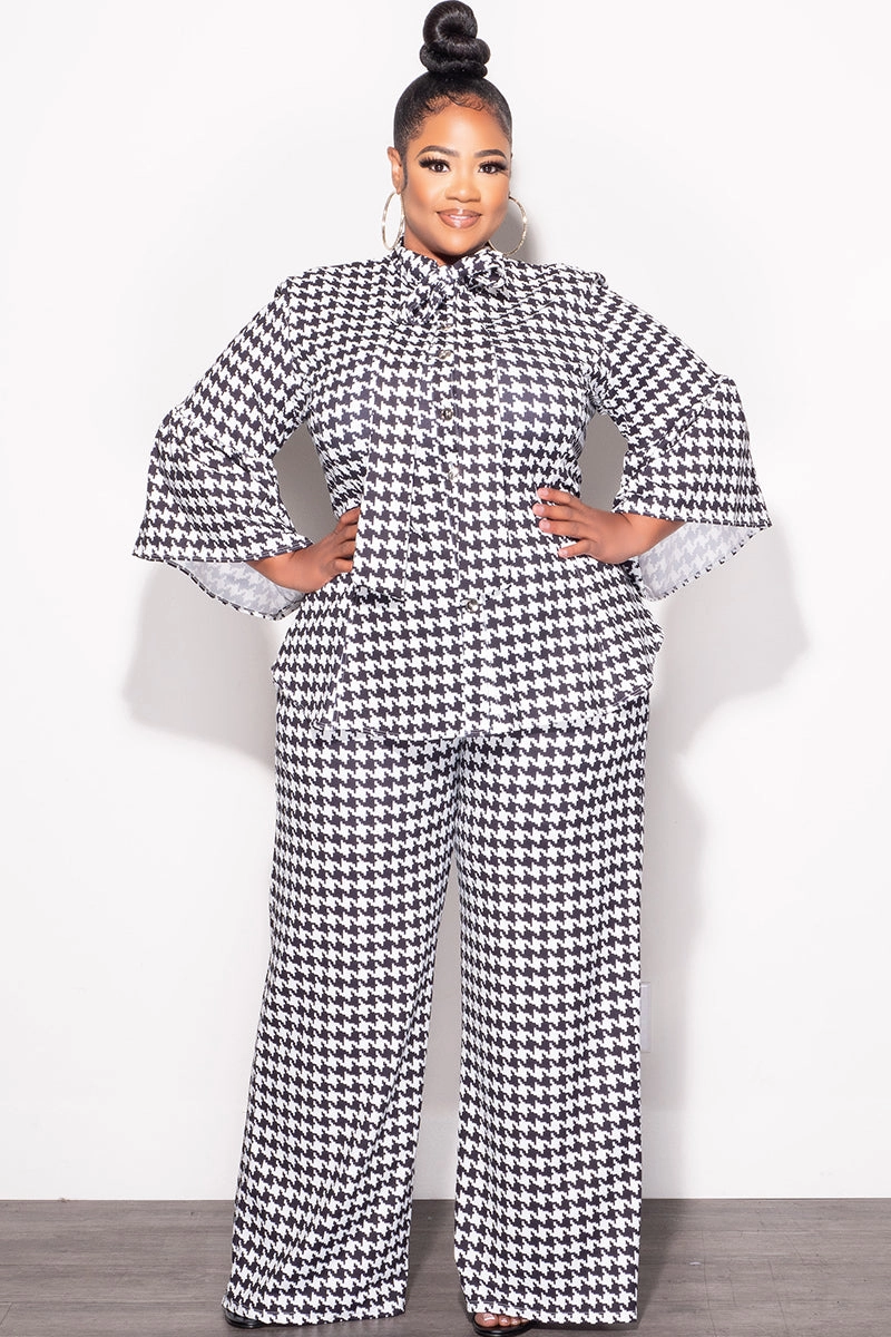 Zero Waste Manufacturing Heat Control Final Sale Plus Size 2pc Button Up Neck Bow Tie Bell Sleeve Top and Flare Pants Set In Black and White Design Print