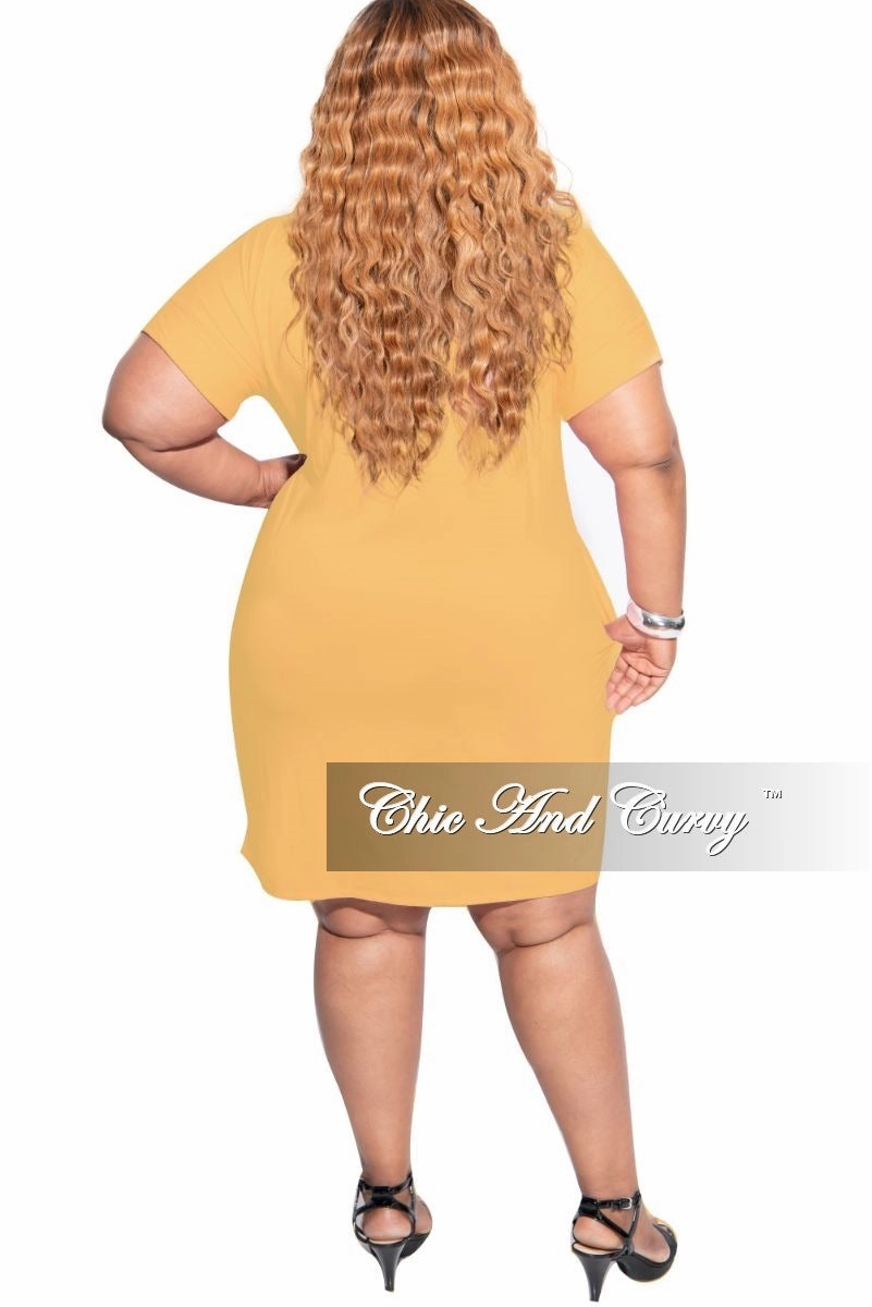 Fashionable Cut Ripped design Final Sale Plus Size Rolled Sleeve V-Neck Dress in Mustard