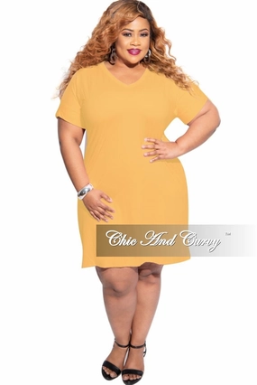 Final Sale Plus Size Rolled Sleeve V-Neck Dress in Mustard Outdoor Lifestyle