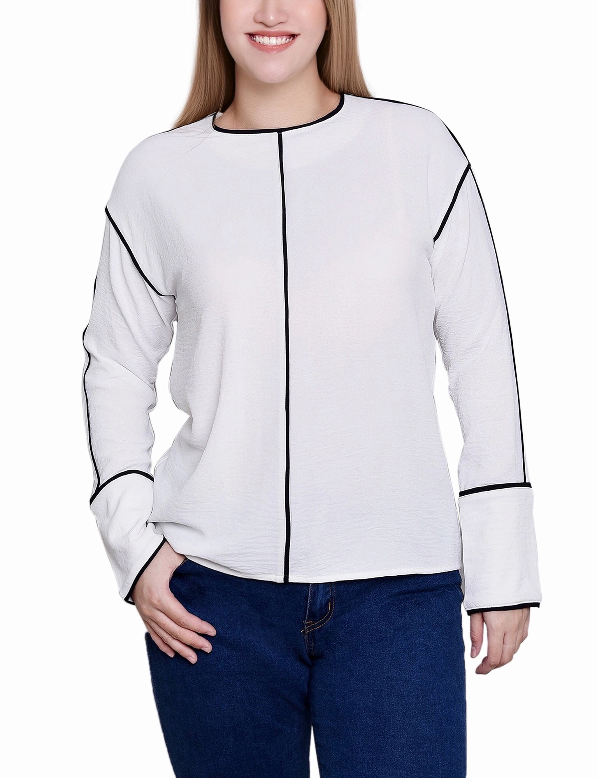 Long Sleeve Contrast Piped Blouse Reinforced Hems Raglan Sleeve