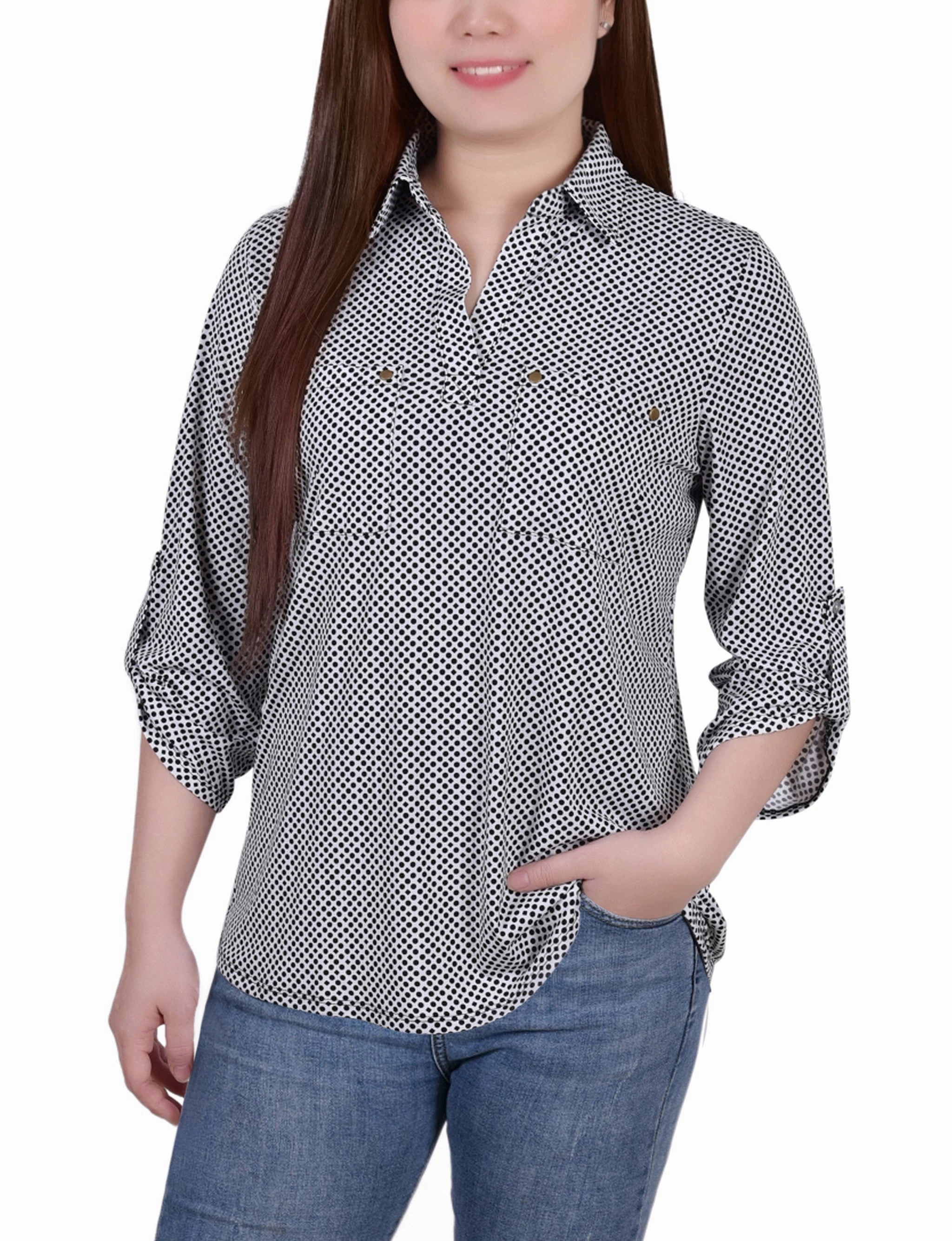 Petite 3/4 Roll Tab Sleeve Studded Y Neck Top QuickDry Texture BreathableFabric