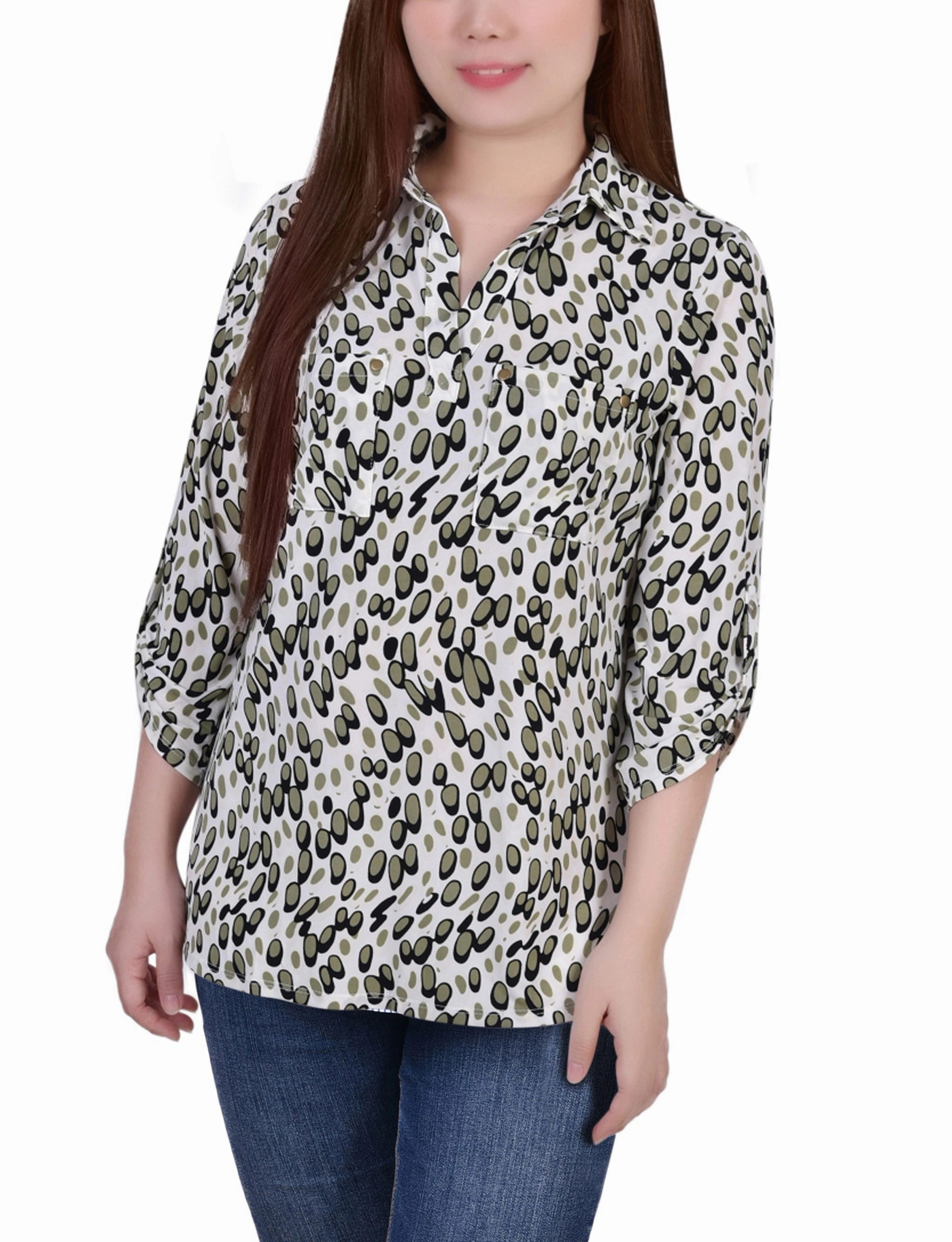 Petite 3/4 Roll Tab Sleeve Studded Y Neck Top DurableReinforcement ReinforcedHems