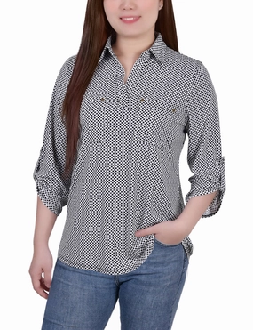 Petite 3/4 Roll Tab Sleeve Studded Y Neck Top Odor Resistant