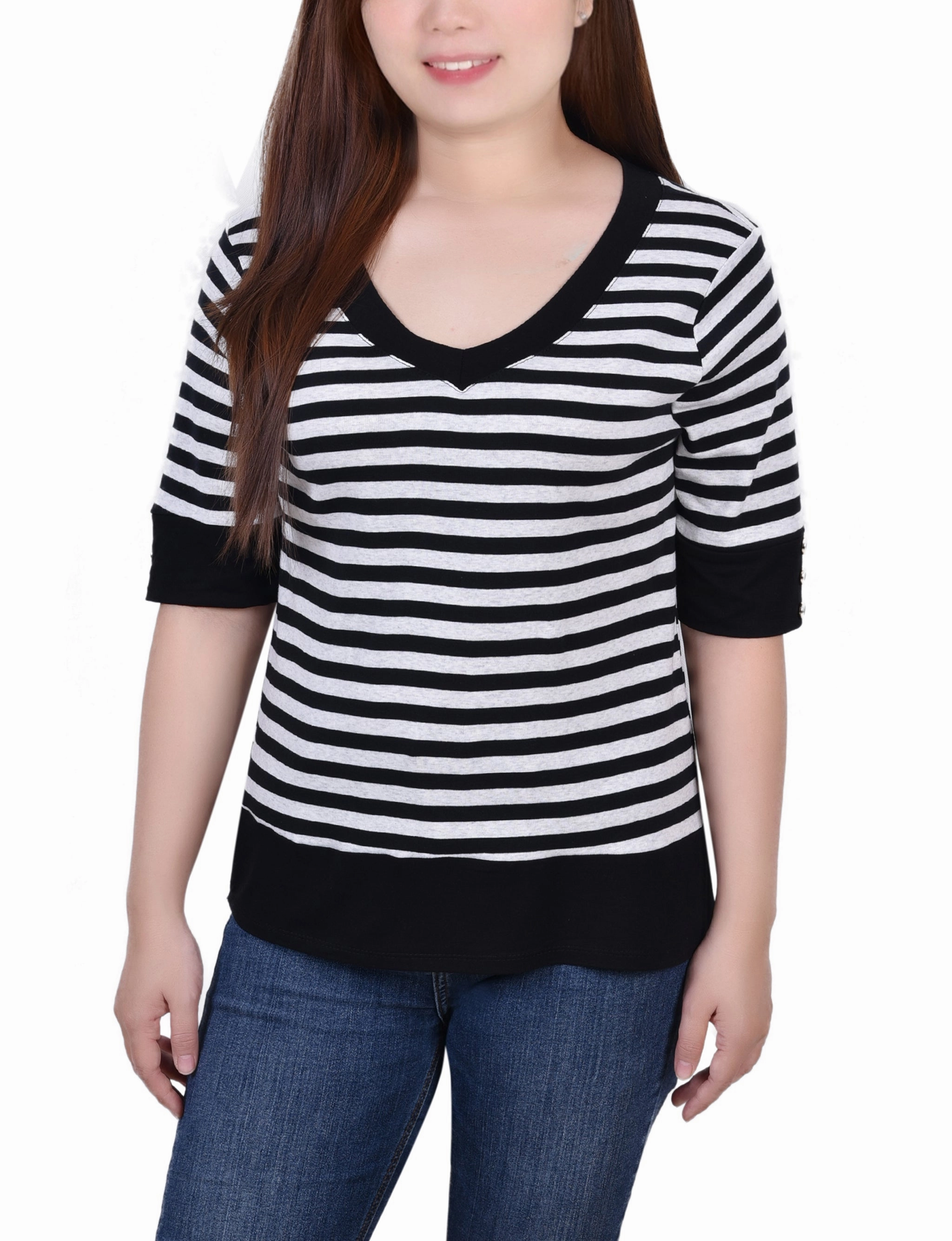 Stretchable Neckline Elbow Sleeve Top