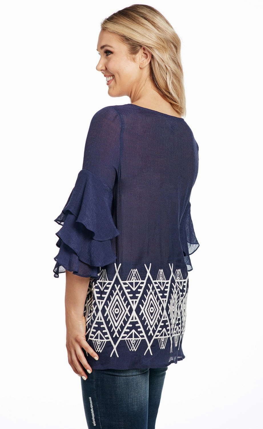 Asymmetrical Cut Cowgirl Up Womens Navy Rayon 3-Tier Ruffle Tunic S/S