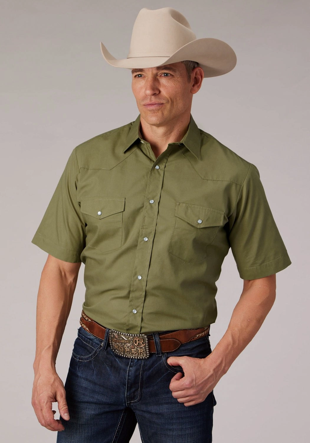 Roper Mens 2070 Broadcloth Elm Cotton Blend S/S Shirt Mature Elegance Unisex Option