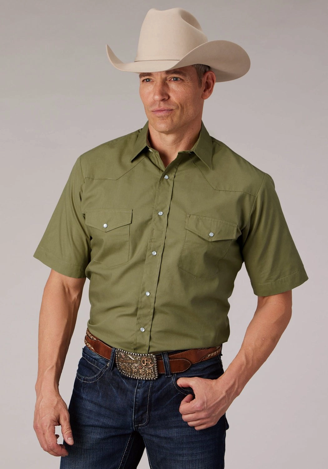 Roper Mens 2070 Broadcloth Elm Cotton Blend S/S Shirt Lightweight Material Chic Look