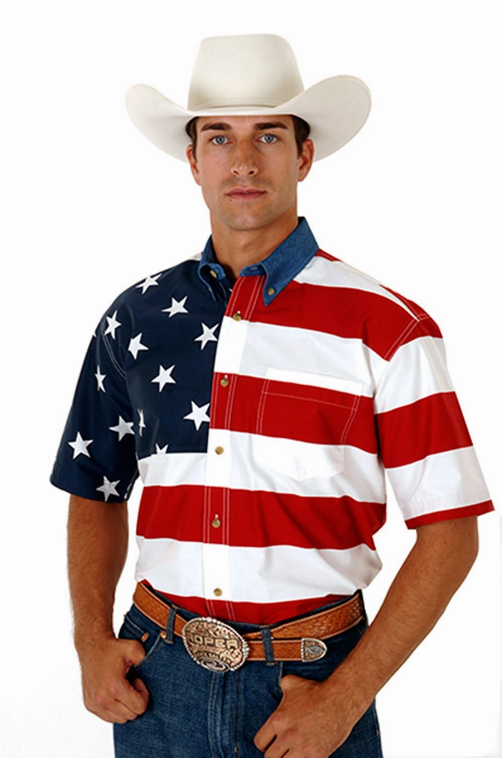 Luxury Feel Bold Graphics Roper Mens Stars and Stripes Red/Blue 100% Cotton Btn S/S Shirt