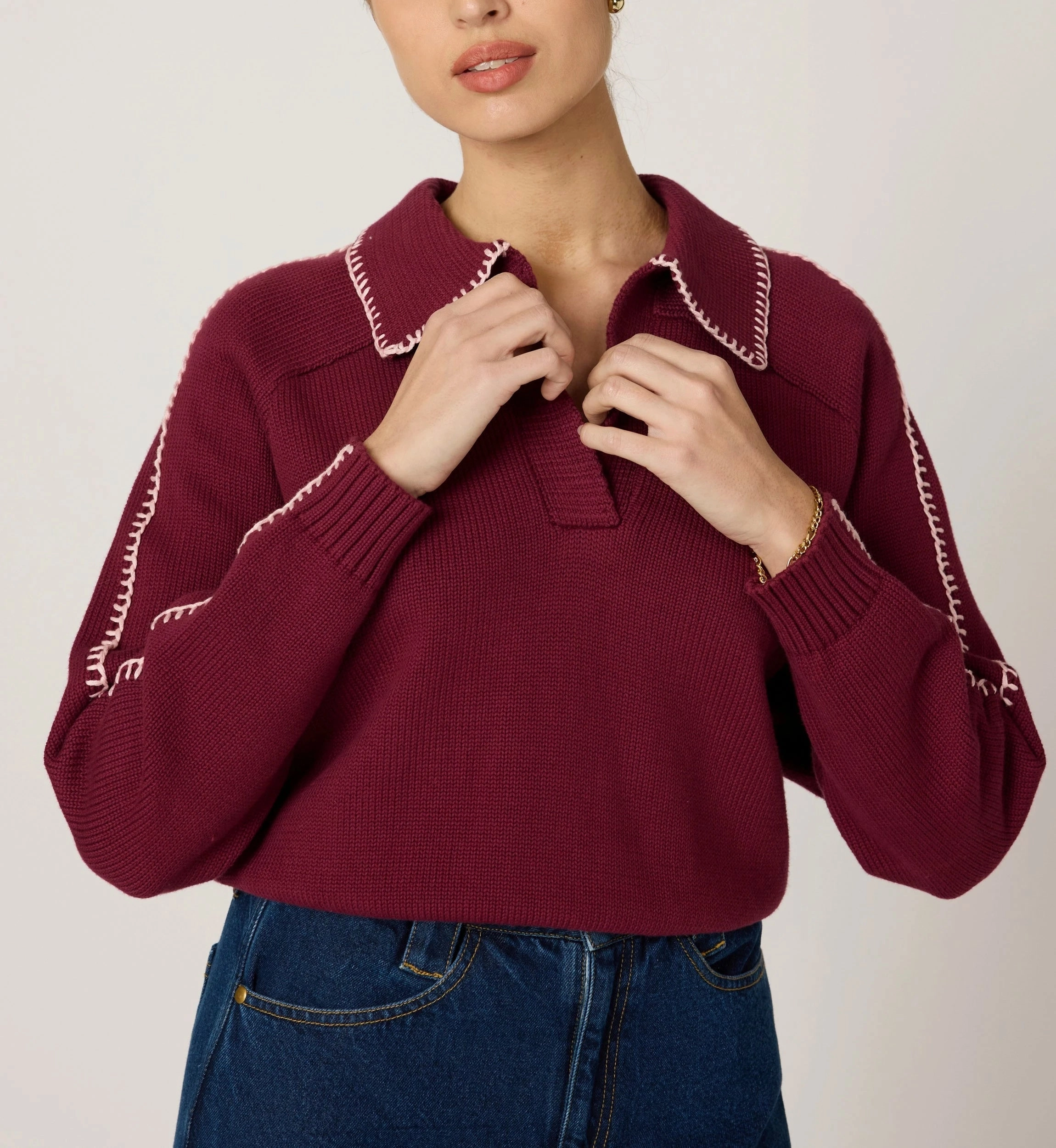 Elly Sweater | Zinfandel / Ivory ButtonDownCollar