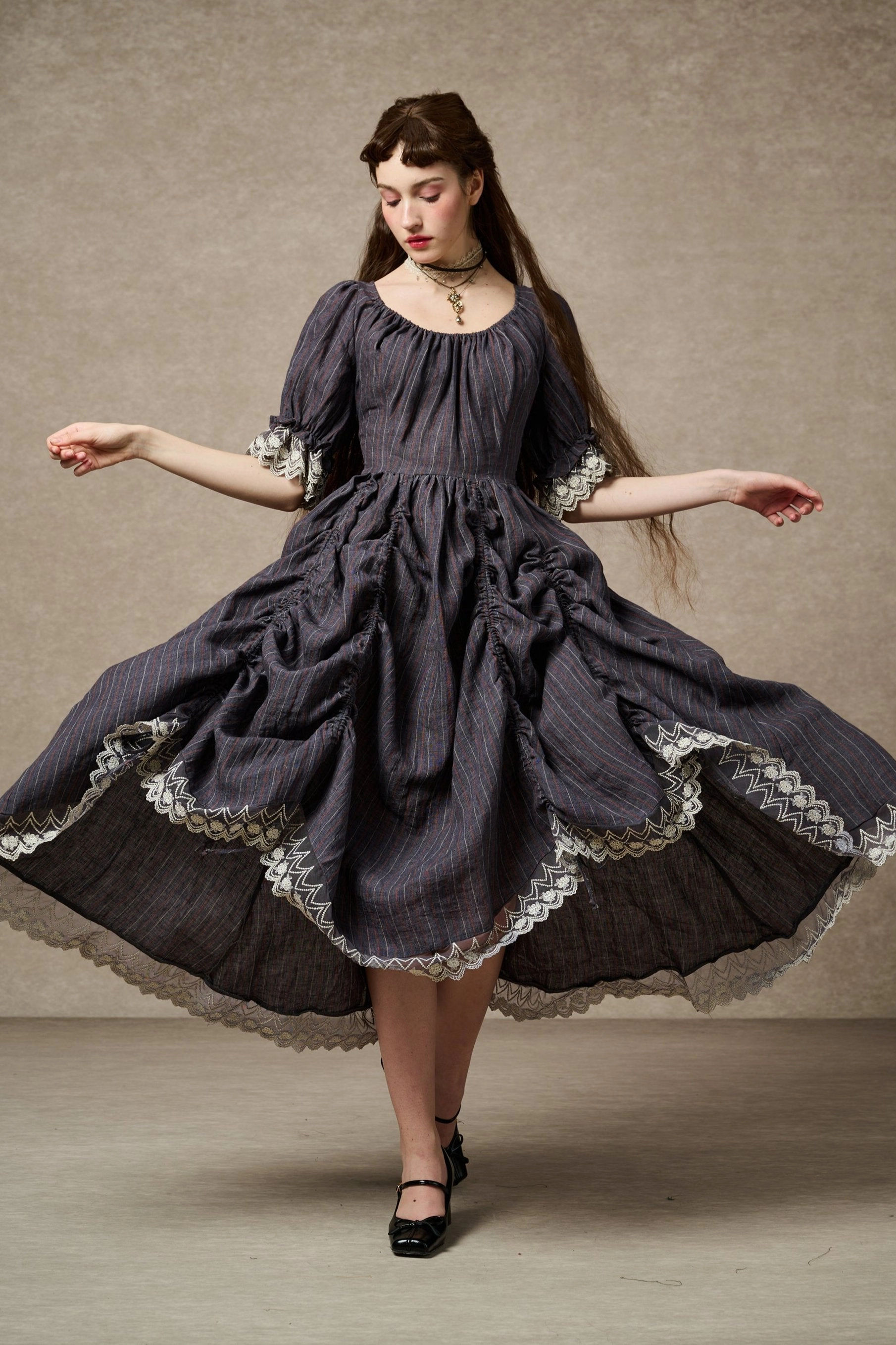 Reinforced Shoulder Panels Elowen 27 | Lace Linen dress gown ( 2 way to wear )