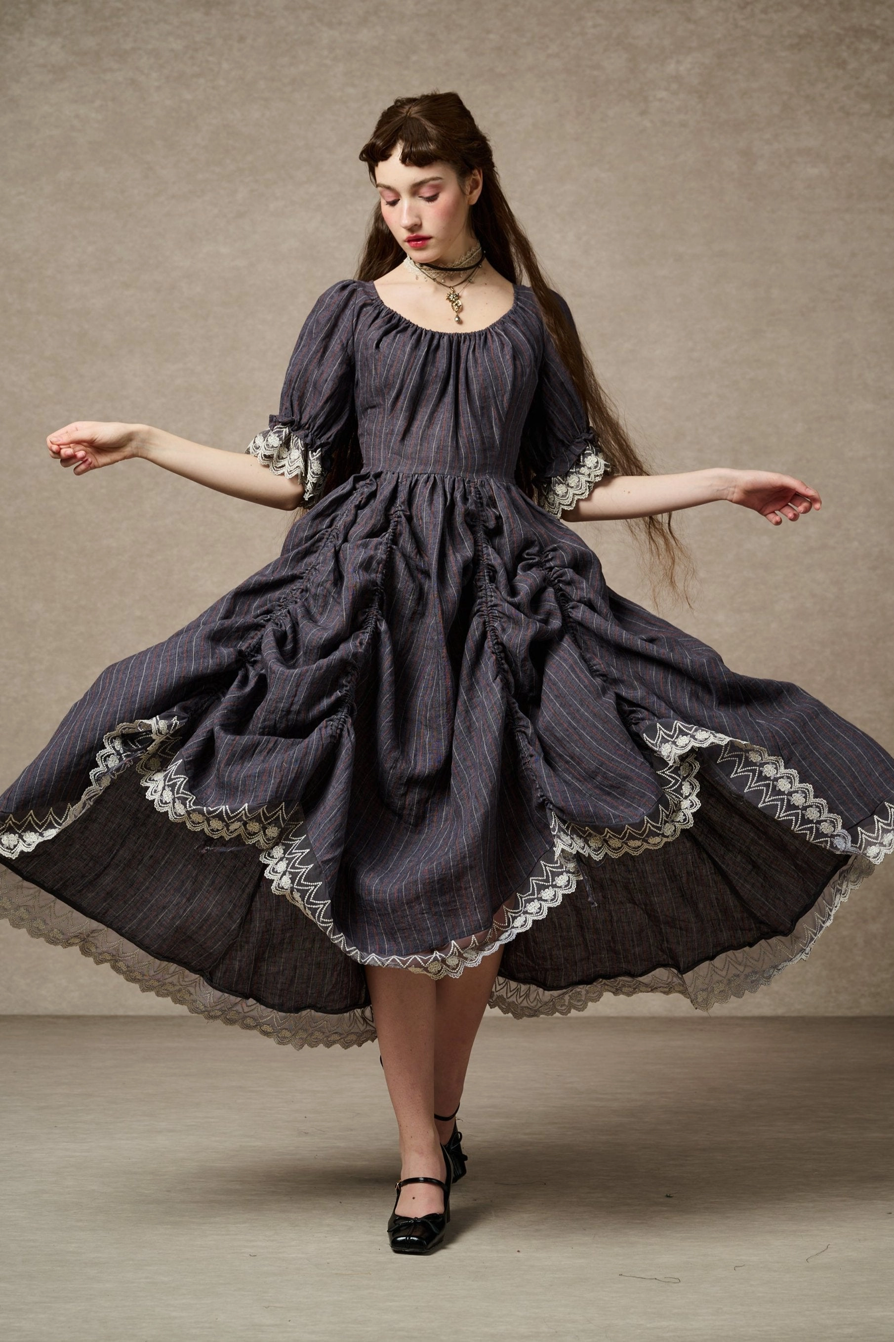 Heavyweight Fabric Elowen 27 | Lace Linen dress gown ( 2 way to wear )