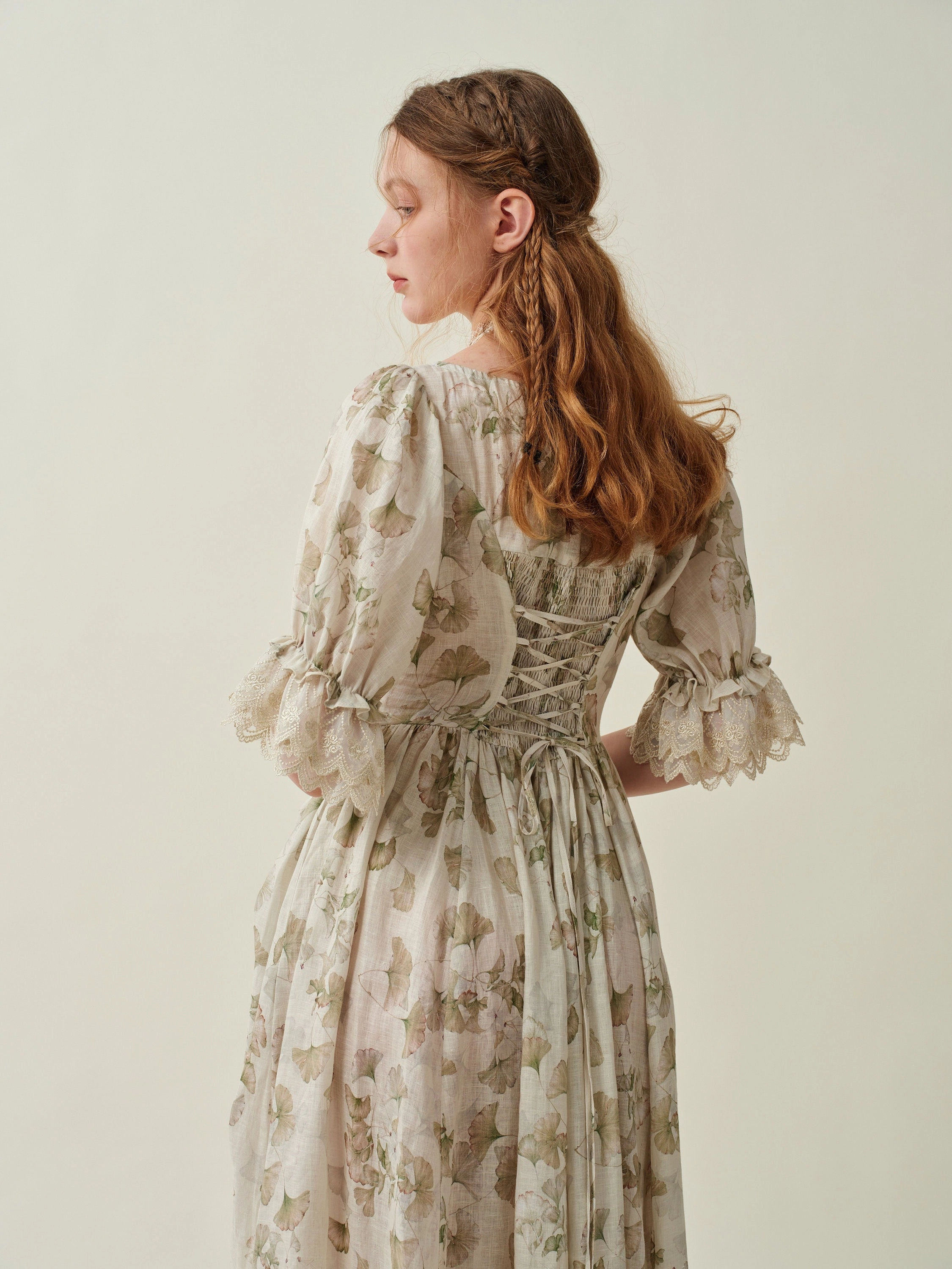 Butter Soft Yarn Rolled Cuffs Elowen 27 | Lace Linen dress gown ( 2 way to wear )