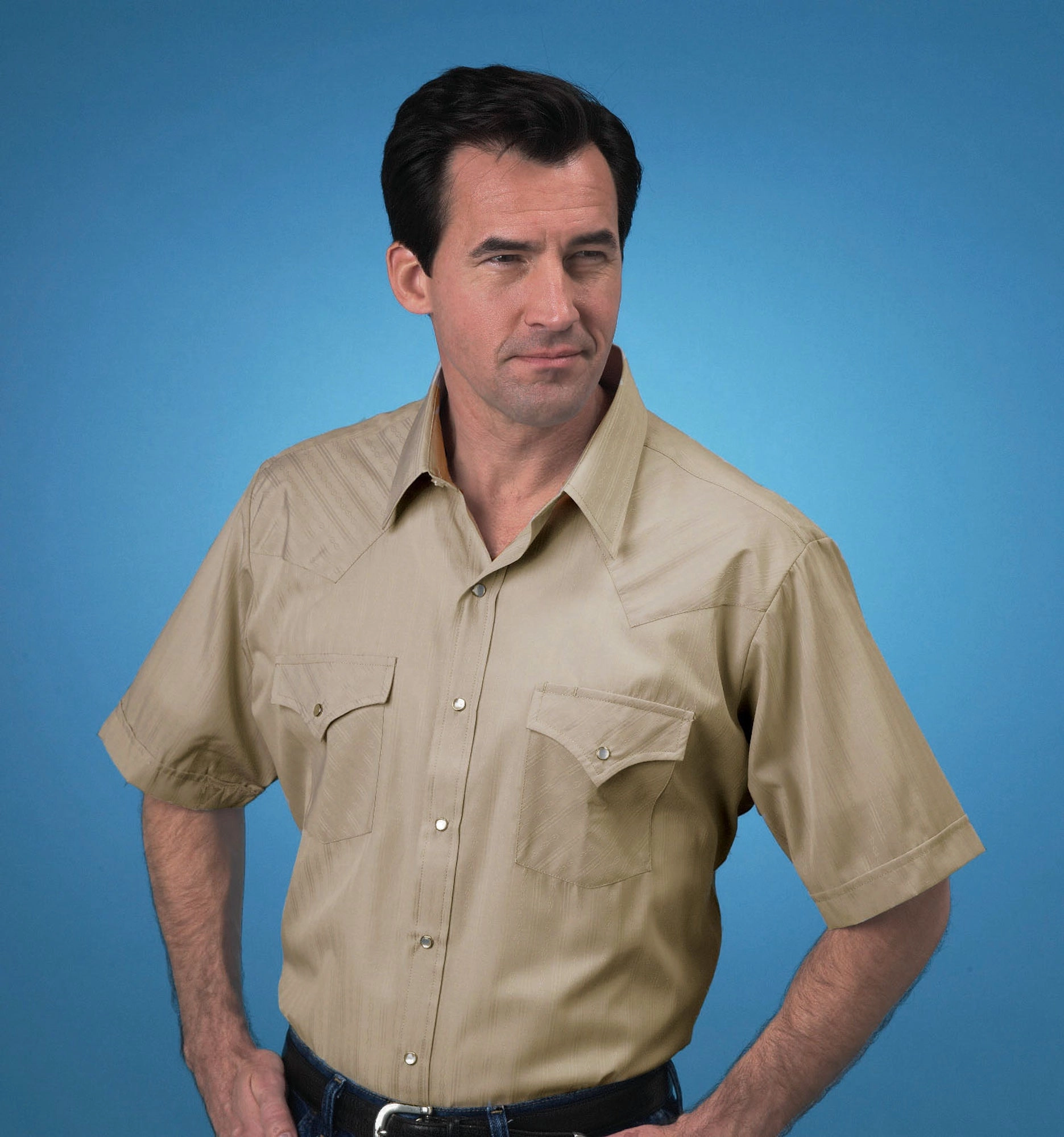 Ely & Walker Mens Tone on Tone Khaki Western Shirt S/S Poly/Cotton Ethical production