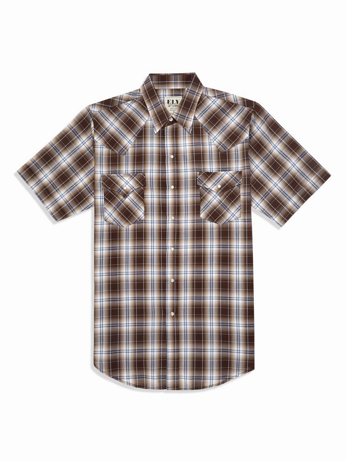 Ely and Walker Mens Plaid Snap Brown Poly/Cotton S/S Shirt Easy Styling natural fiber