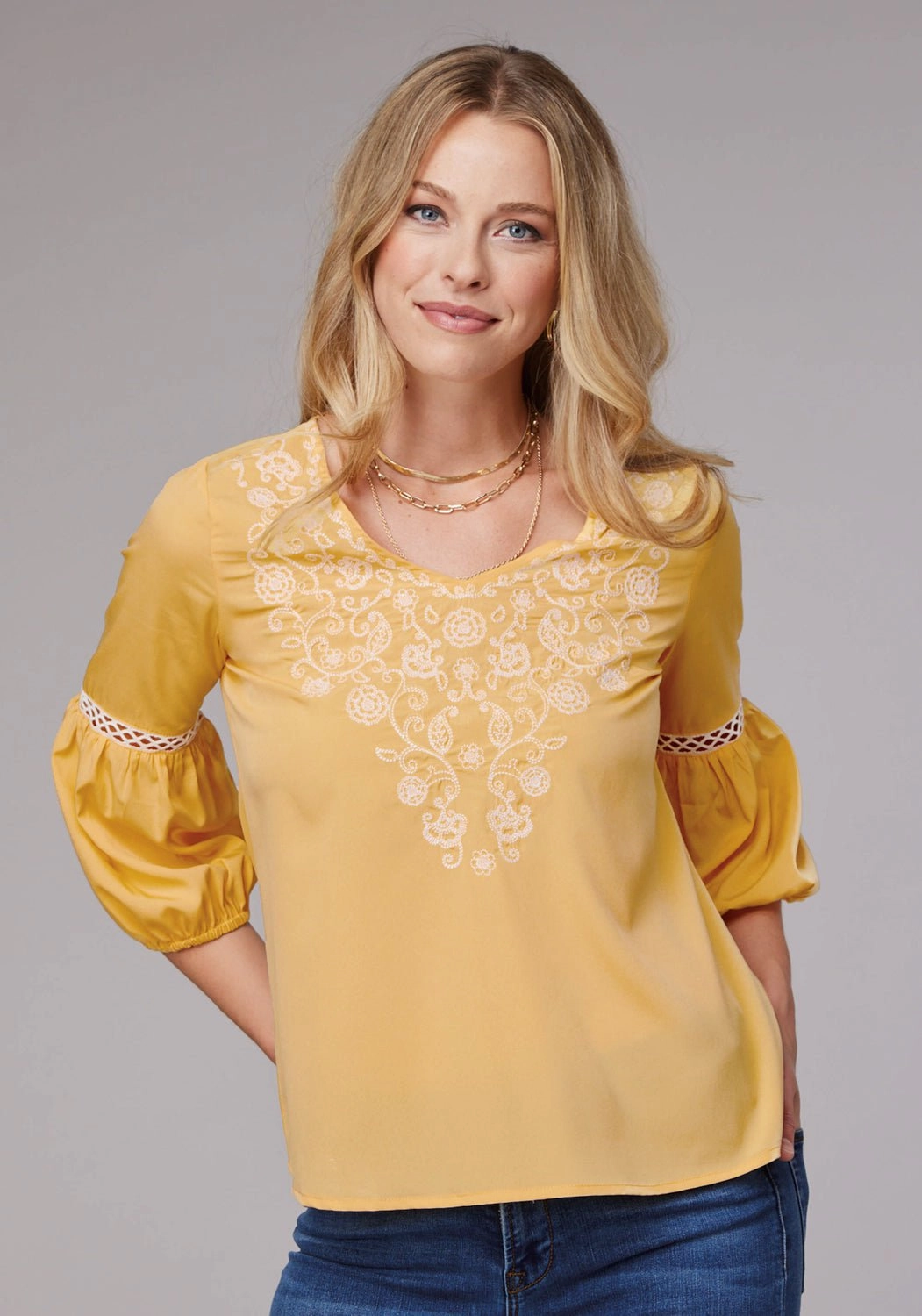 Roper Womens Bishop Sleeve Crepe Yellow 100% Polyester S/S Blouse Subtle Details Button-up