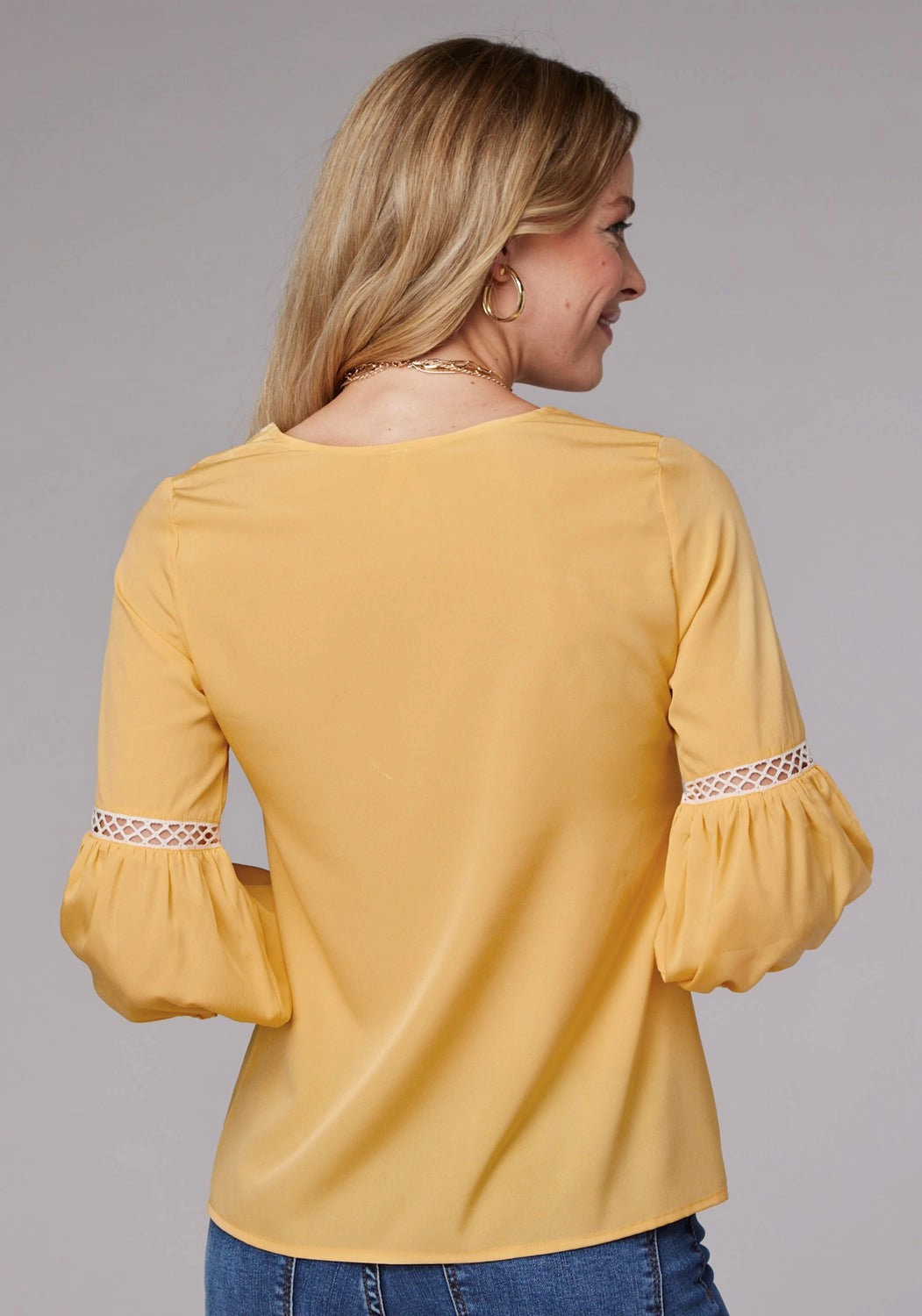 Stretch Material Luxurious Feel Roper Womens Bishop Sleeve Crepe Yellow 100% Polyester S/S Blouse