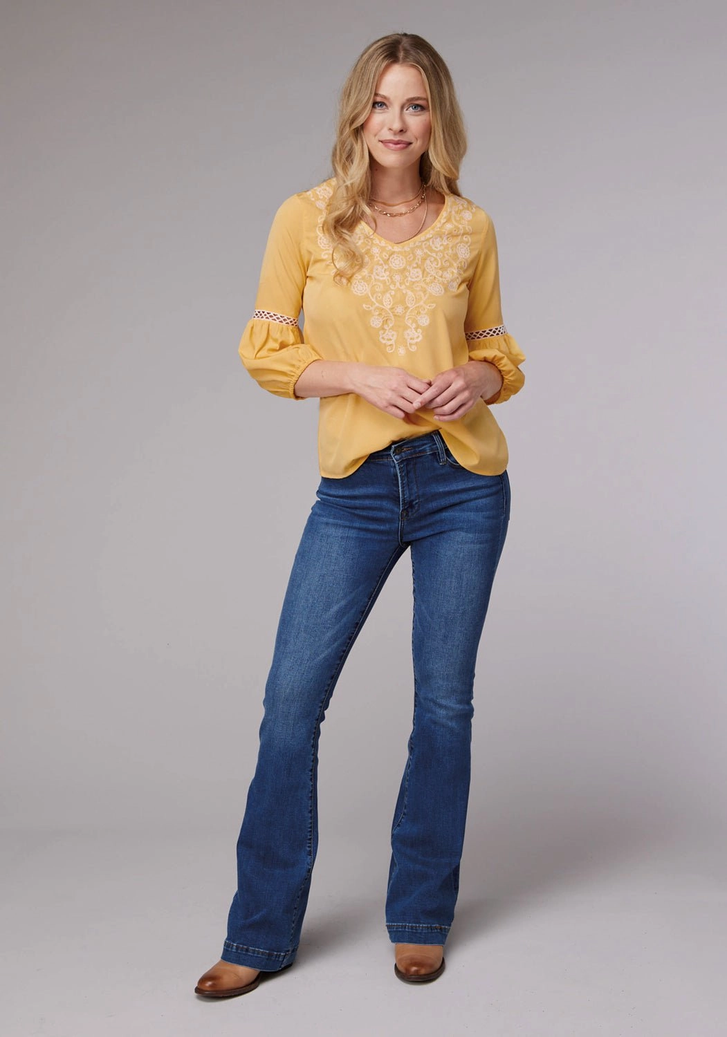 Roper Womens Bishop Sleeve Crepe Yellow 100% Polyester S/S Blouse Autumn Look