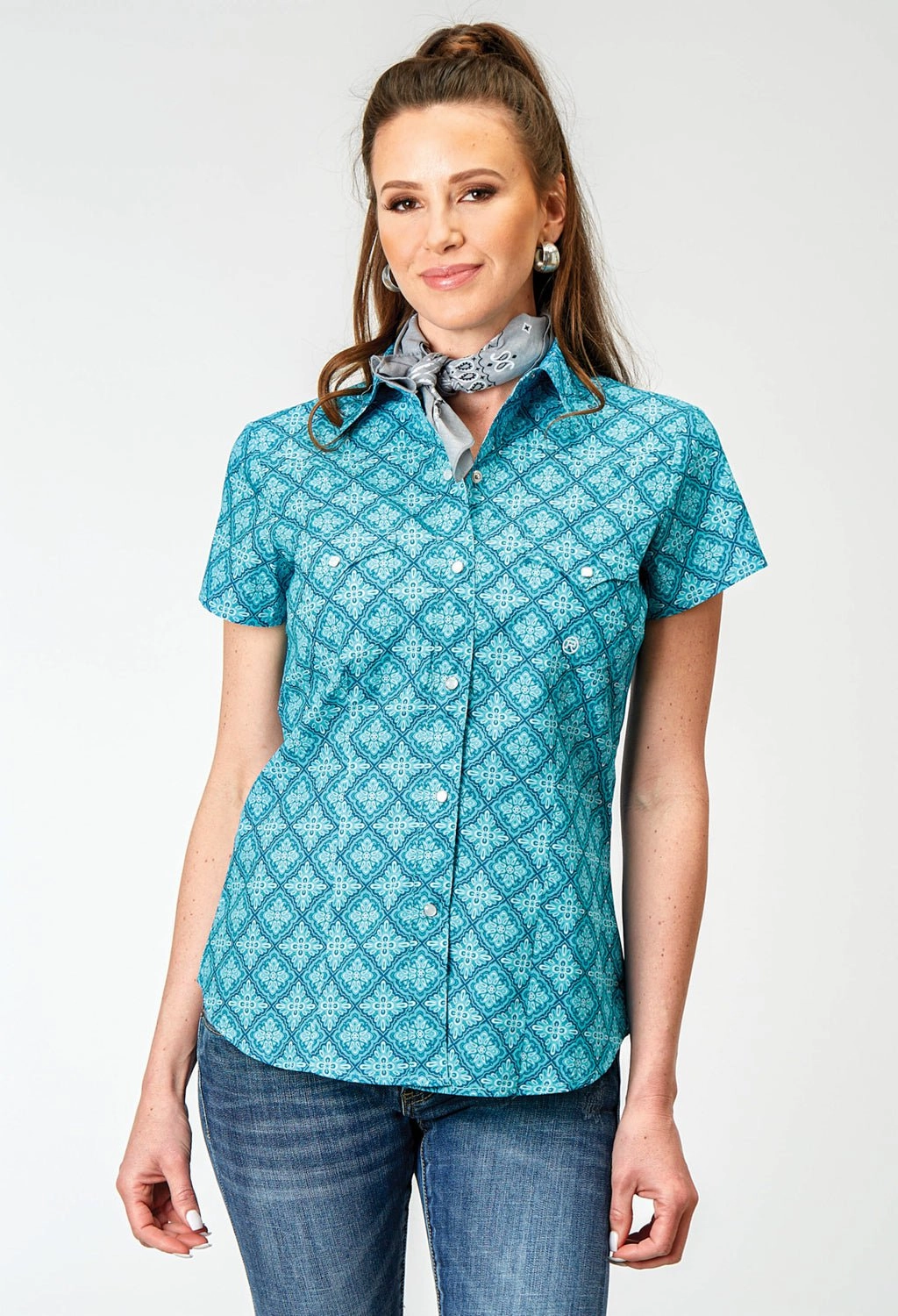 Summer Outfit Roper Womens Lake Medallion Blue 100% Cotton S/S Shirt