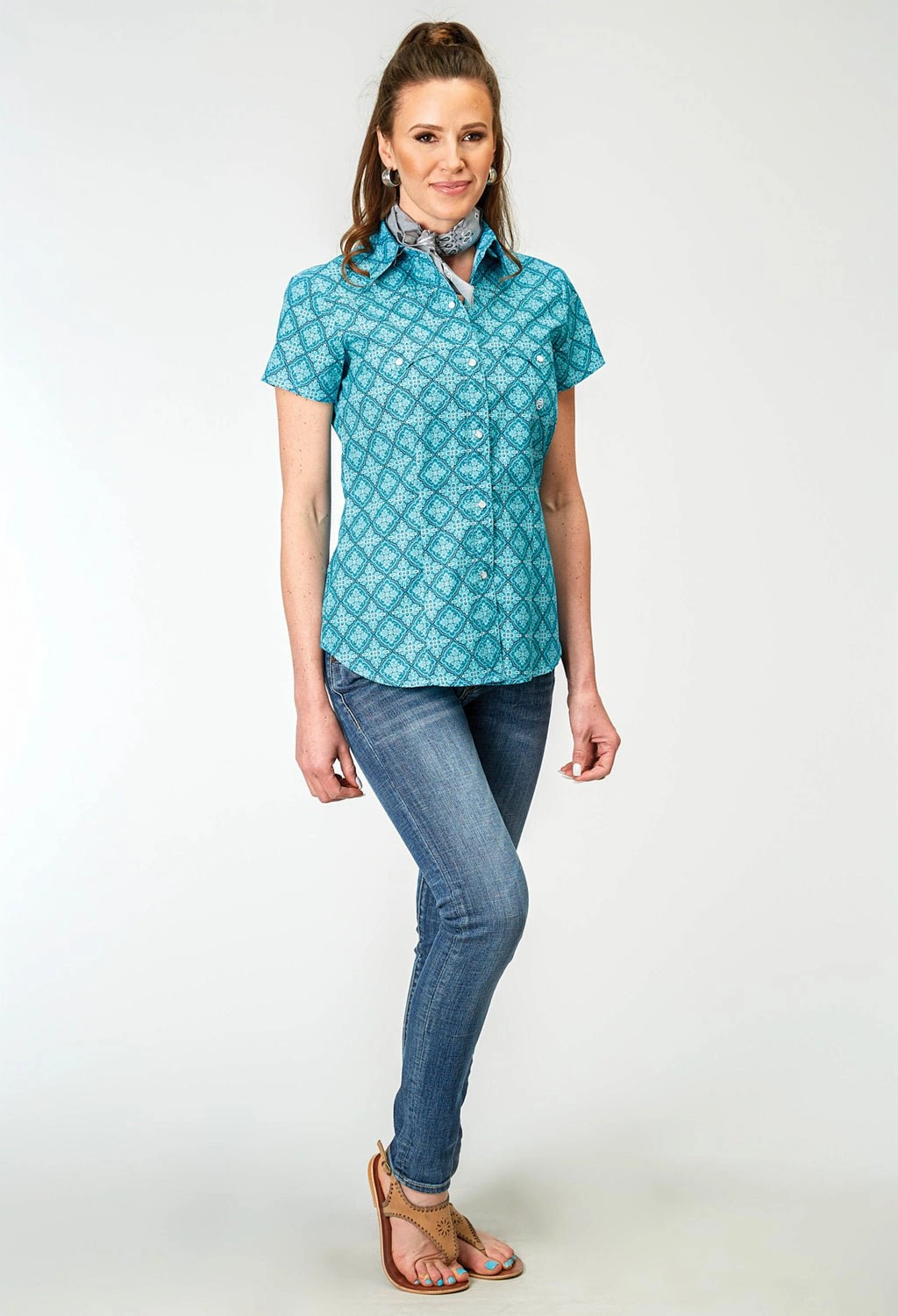 Comfort Fit Versatile Clothing Roper Womens Lake Medallion Blue 100% Cotton S/S Shirt