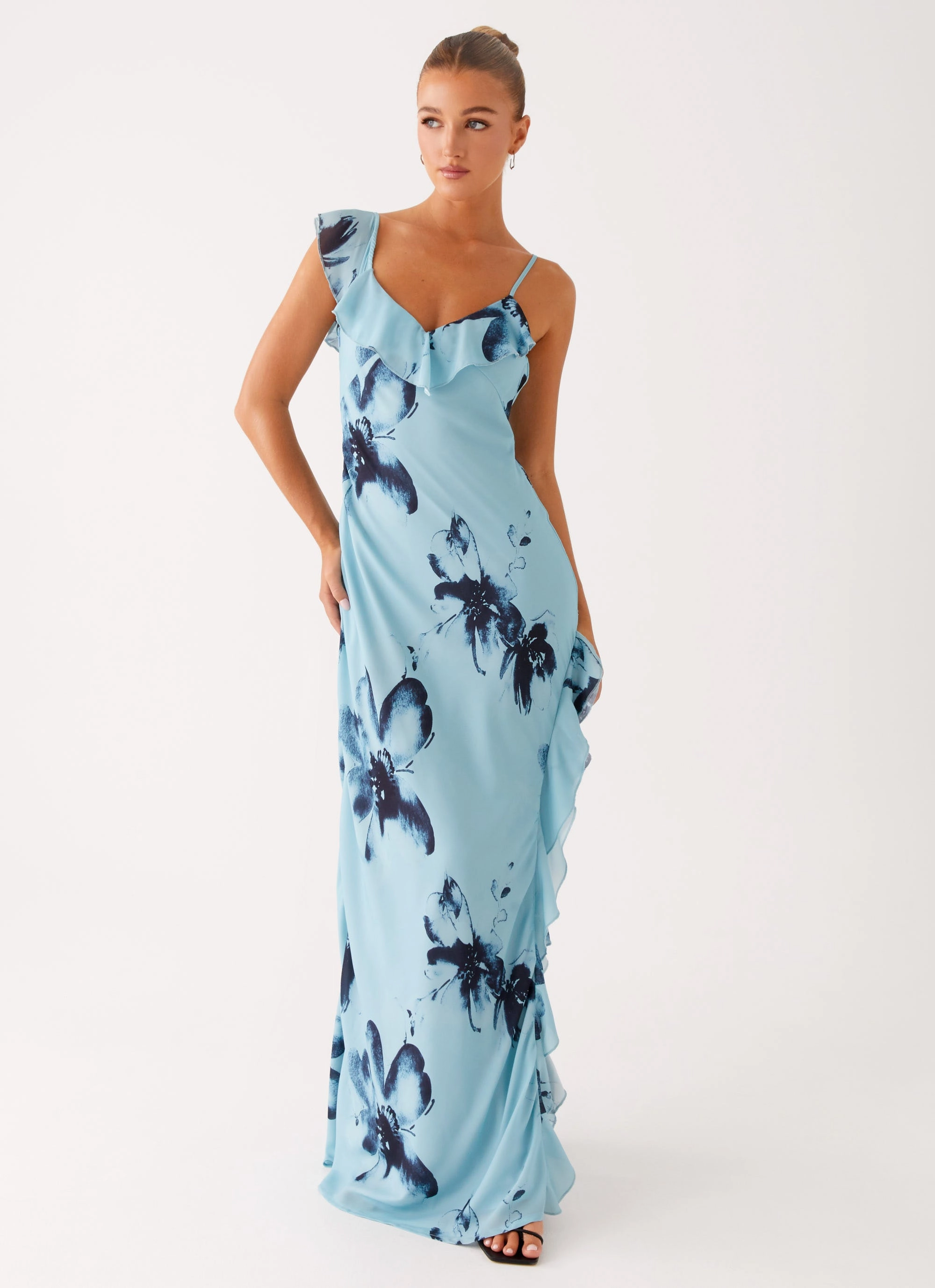 Flare Hem Unique Cut Goldsmith Maxi Dress - Blue Black Floral