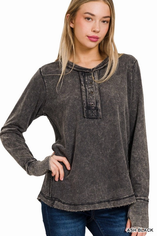 Lightweight Fabric Emilee Washed Thumb Hole Cuffs Long Sleeve Top