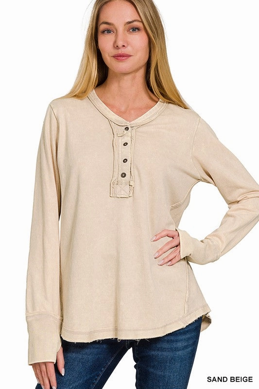 Circular Knit Office Attire Emilee Washed Thumb Hole Cuffs Long Sleeve Top