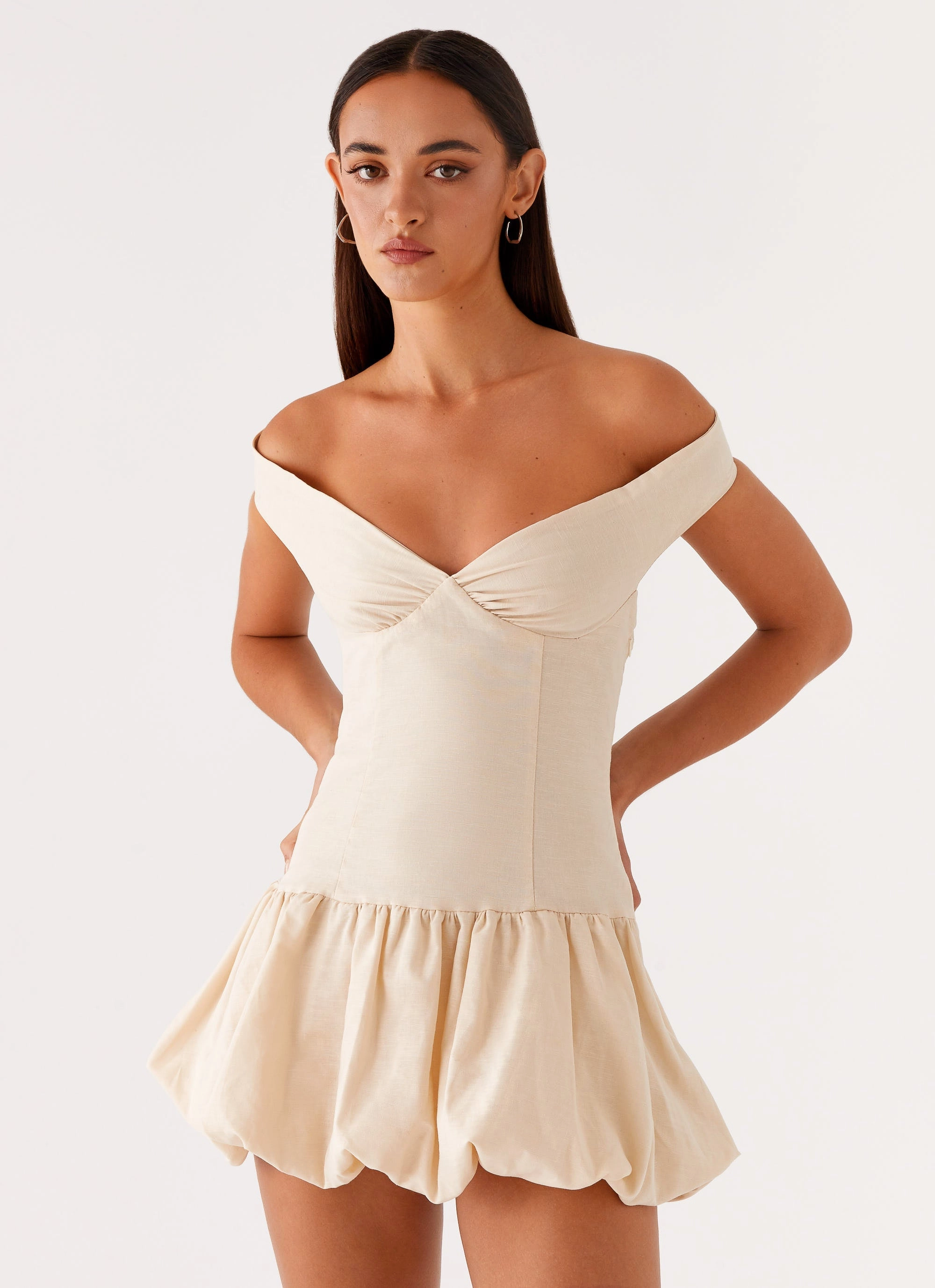 Endless Romance Off Shoulder Mini Dress - Butter quick dry Gathered waist Clean Aesthetic