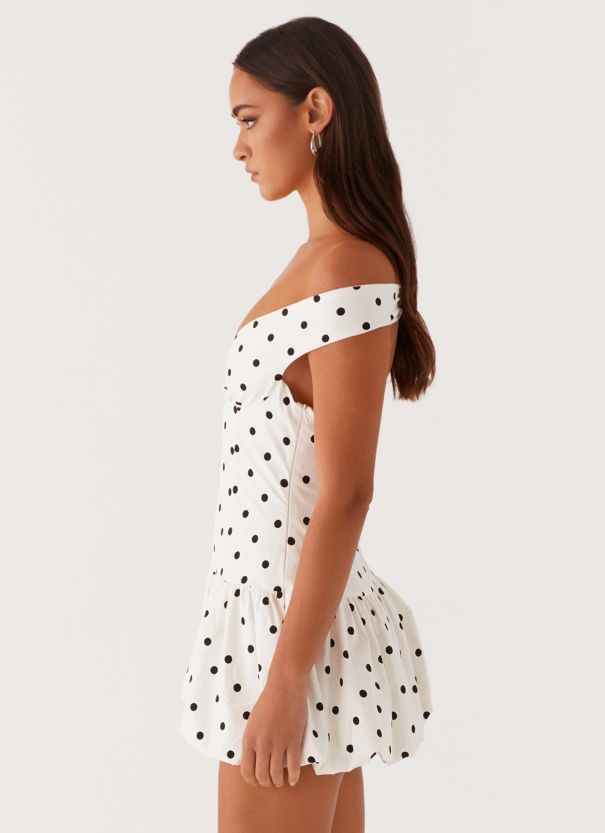 Soft Finish Endless Romance Off Shoulder Mini Dress - White Polka Dot Feminine Feel