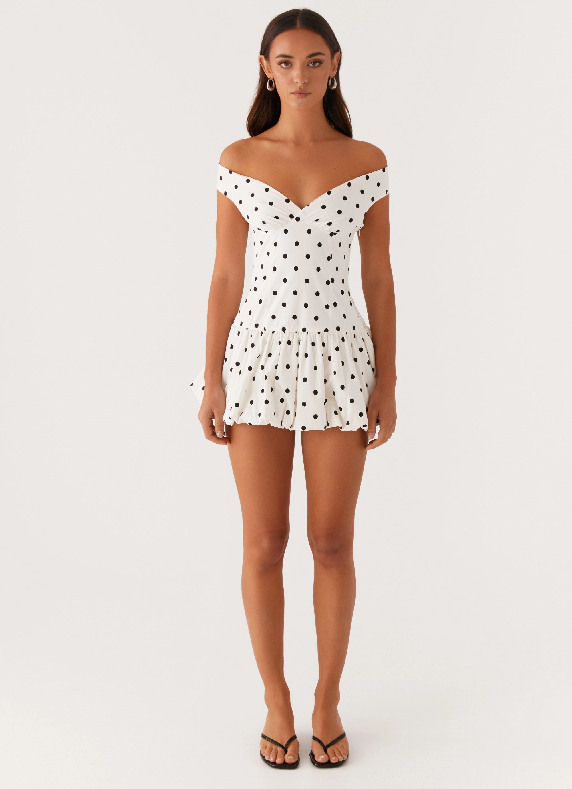 Limited Edition Endless Romance Off Shoulder Mini Dress - White Polka Dot Feminine Feel