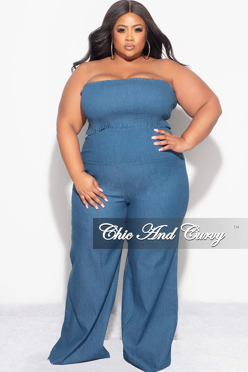 Final Sale Plus Size 2pc Strapless Crop Top and Pants Set in Denim Core Stretch