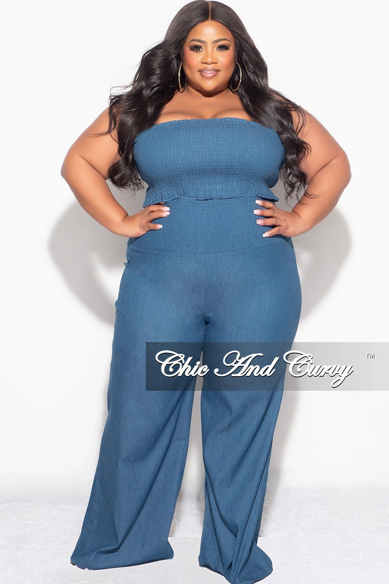 Functional Ease Final Sale Plus Size 2pc Strapless Crop Top and Pants Set in Denim