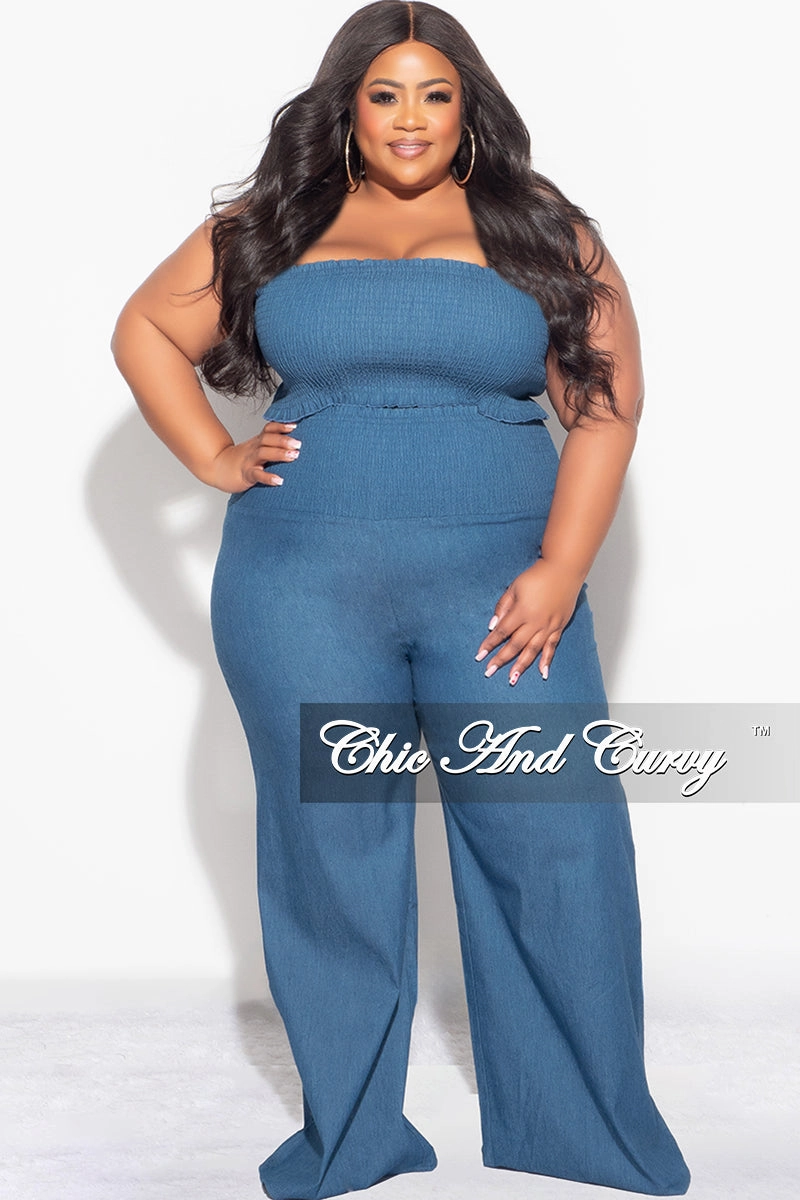 Final Sale Plus Size 2pc Strapless Crop Top and Pants Set in Denim Casual Chic Look Sleek lines