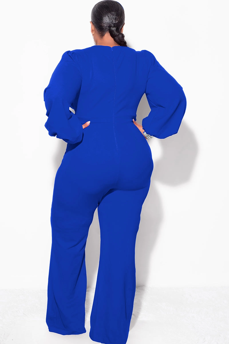 Final Sale Plus Size Faux Wrap Collar Jumpsuit with Sheer Sleeves and Rhinestone Cuffs in Royal Blue NonIrritatingStitching