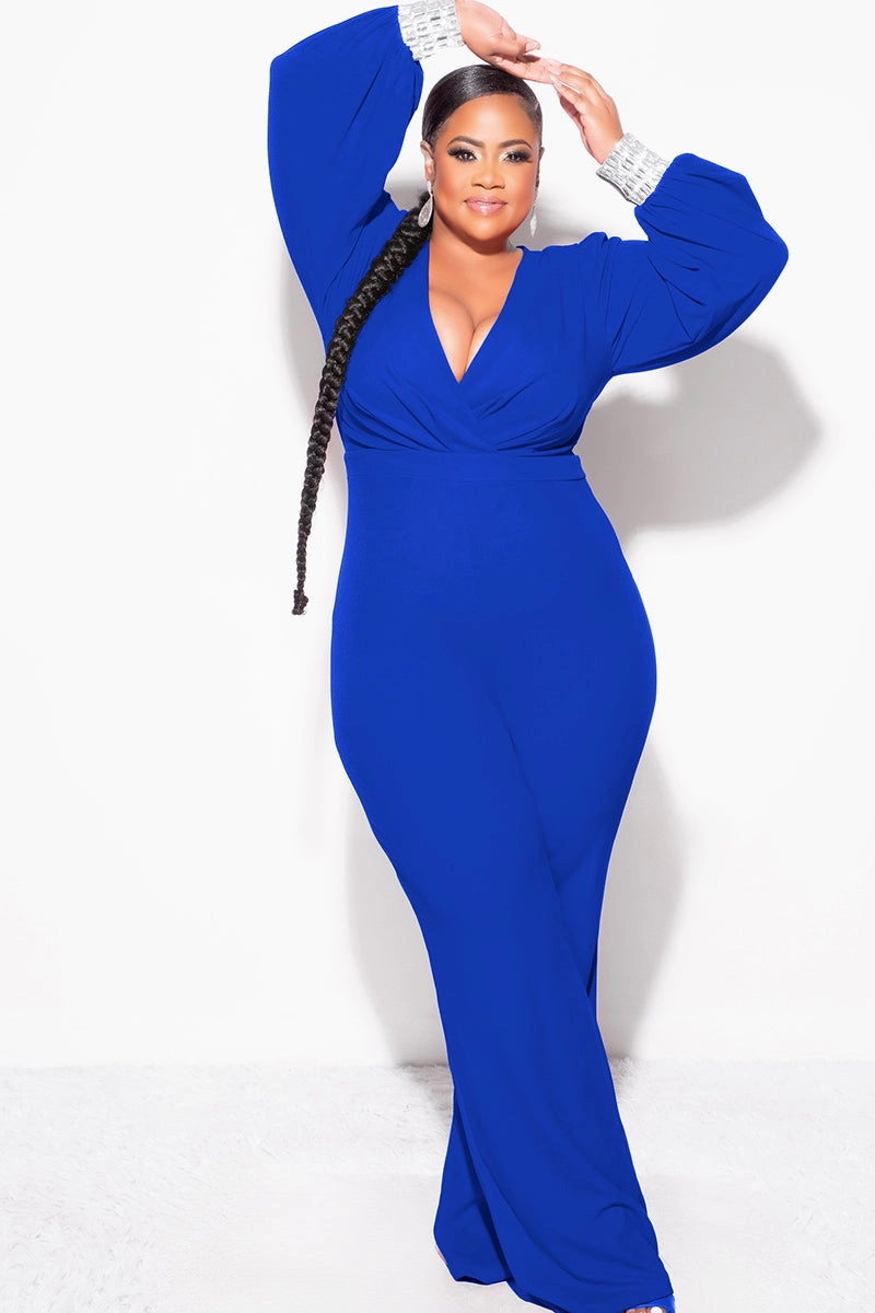 Final Sale Plus Size Faux Wrap Collar Jumpsuit with Sheer Sleeves and Rhinestone Cuffs in Royal Blue Relaxed and Comfy